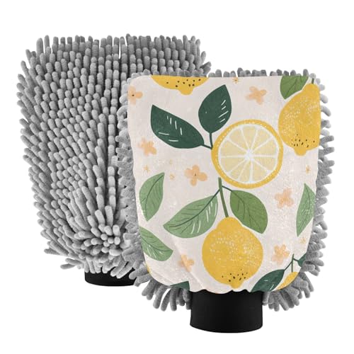 IOACIY Absorbent Microfiber Car Wash Drying Mitts, 2 Pack, Scratch-Free & Lint-Free, Rich Foam, Highly Absorbent, Double Sided, Wash Mitt Perfect for Car Washing, M, Cute Lemon (1)