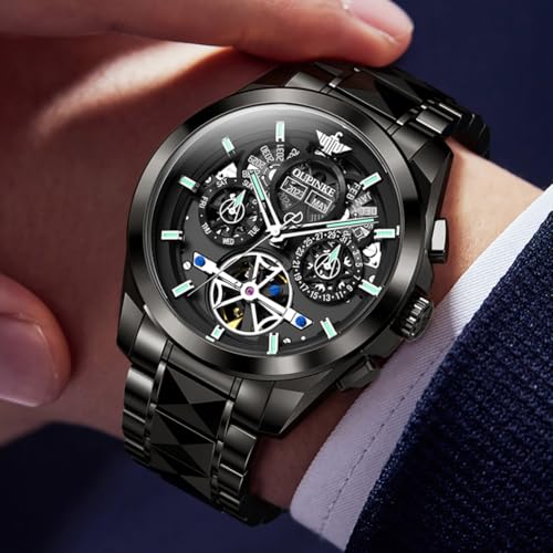 Image of OUPINKE Men Watch Automatic 5 Hands Multi Calendar Year /Month /Week /Date Mechanical 5ATM Waterproof Luxury Tungsten Steel Sapphire Crystal Wrist Watch for Men (3233:Black)