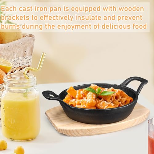 4 Sets Mini Cast Iron Skillet, Cast Iron Plates Skillet with Wooden Base, Small Round Fajita Plate Nonstick Baking Pan Sizzling Plate for Indoor and Outdoor Use (16 cm) - Image 6