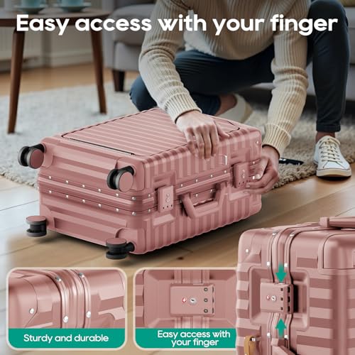 Image of Joyway 20 Inch Carry on Luggage with Aluminium Frame and Front Pocket, PC Hardshell Suitcase with USB Port and Cup Holder, 21.5x14.2x9 Airline Approved, Luggage with Spinner Wheel TSA Lock(Rose Gold)