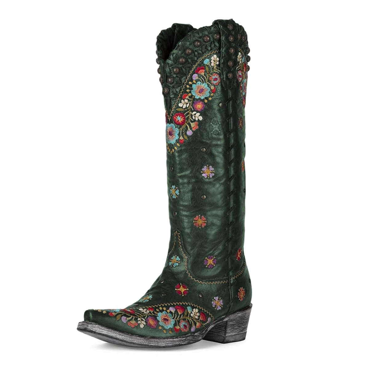 FOWT Women Retro Embroidered Flowers Pointed Toe Pull on Knee High Boots Block Low Heel Comfortable Cowgirl Boots