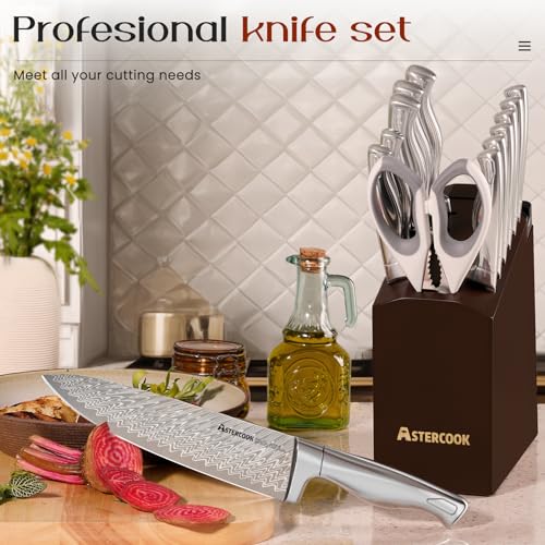 Knife Set, Astercook 15 Pcs Knife Sets for Kitchen with Block, Dishwasher Safe Kitchen Knife Set with Built-in Sharpener, German Stainless Steel Knife Block Set, Deba Knife for Fish Ergonomic Handle - Image 4