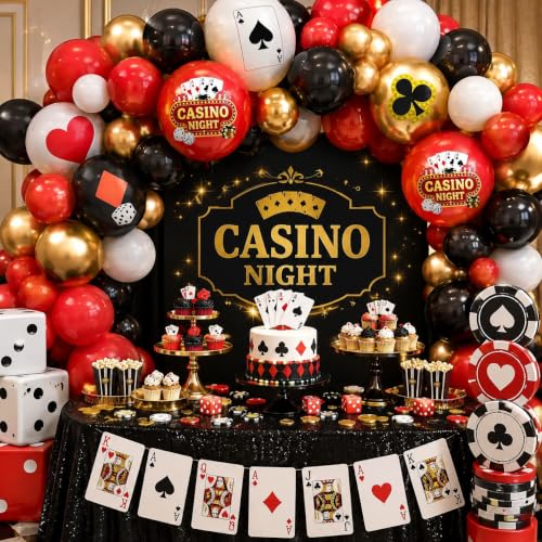 Image of HILAVO Casino Balloons 12 Inch Dice Poker Casino Theme Balloons Red Black Gold Poker Latex Party Balloon for Game Night Las Vegas Themed Birthday Party Decoration