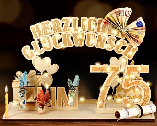 Giftota Original 75. Geburtstag Geldgeschenke Holz mit LED Lichterkette Geschenke zum 75 Geburtstag Mann Frau 75er Geburtstagsgeschenk