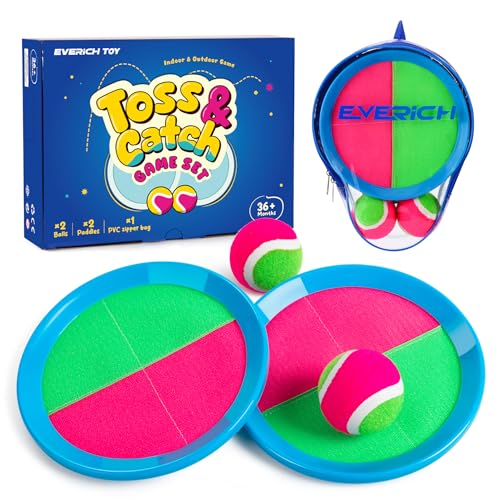 Image of EVERICH Upgraded Toss and Catch Ball Game Set - Indoor and Outdoor Games for Kids 3-12, Beach Sand Pool Water Toy Includes 2 Paddles 2 Sticky Balls, Great Birthday Easter Gifts for Boys Girls