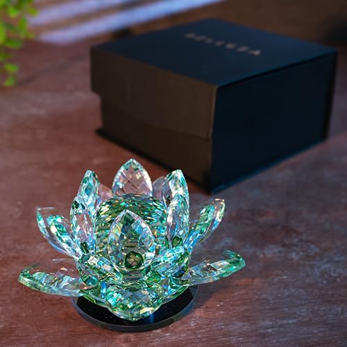 Image of FengShui Crystal Lotus Flower Showpiece & Paper Weight | Vastu Decor for Home & Office | Desk Decoration | Fengshui Items for Positive Energy, Wealth & Gifting |Green (Medium-10.5 x 5.5 CM)
