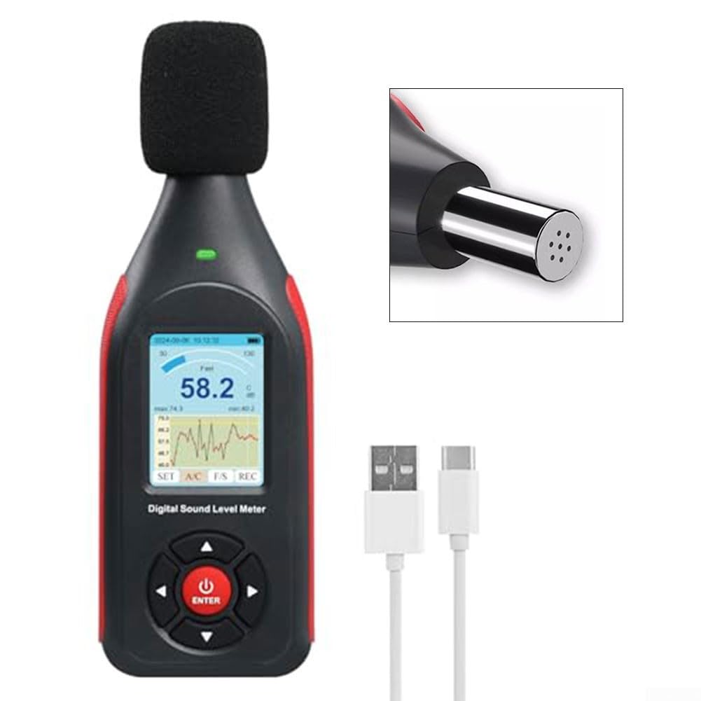 Misuratore di livello sonoro, 30 – 130 dB, digitale, con allarme LED a 3 colori, registrazione dati 43000, display LCD, per rumore industriale domestico