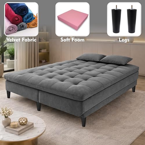 Image of Modern 3 Seater Sofa Cum Bed | Tufted Backrest | Velevt Fabric Upholstery | Living Room Furniture-Grey