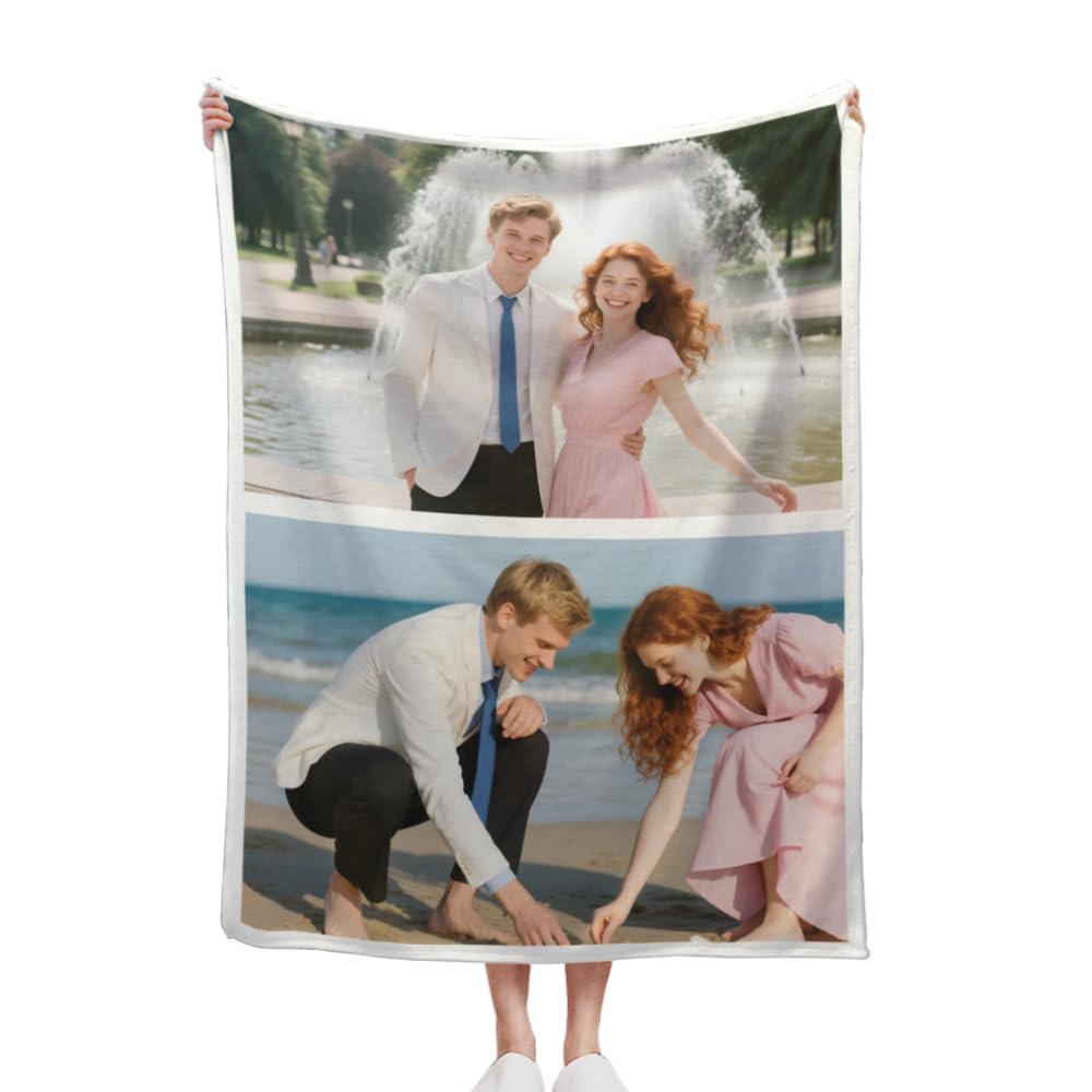 Hukqwx 2 Photo Custom Blanket With Text Picture Collage Customized Throw Blankets Customized Picture Blanket For Christmas Xmas Birthday Anniversary Wedding Valentines Day, 30X40 In