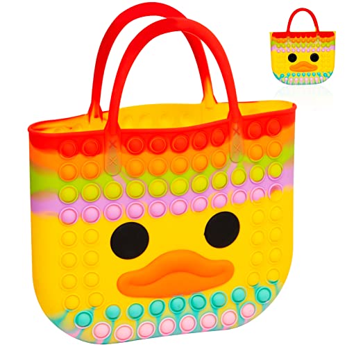 CONNOO 11.8'' Rainbow Duck Pop Bubble Handbags for Girls, Big Cute Tote Duck Face Bags, Push Bubble Game Fidget Stress Relief Toys Handbag, (Rainbow Duck)