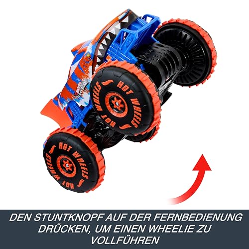 Hot Wheels Monster Trucks Spielzeugfahrzeug mit Fernbedienung, RC Tiger Shark Climber in großem Maßstab mit 3 Spielmodi für Rennen, Klettern und Stunts, JFR39