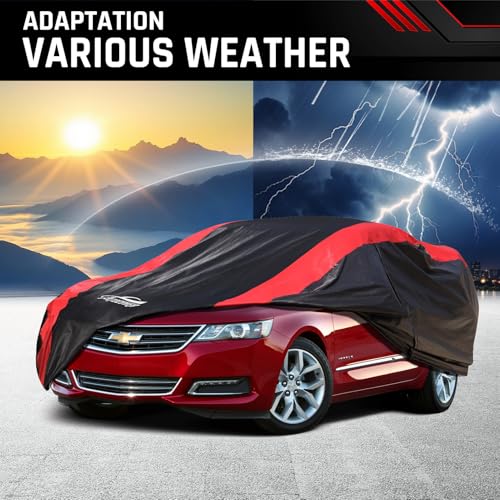 Image of Car Cover Custom Fit for Chevrolet Chevy Impala 2000-2020 | Red Strip Design, Cotton Liner for Paint Protection, Sun Rain Snow UV Proof, Door Zipper, Windproof Buckle, Storage Bag