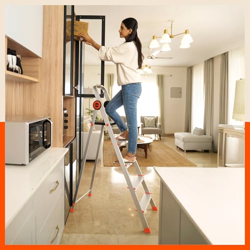 Image of Bathla Advance Pro 5-Step Foldable Aluminium Ladder for Home | Heavy-Duty & Anti-Slip Steps with Sure-Hinge Technology | 7-Year Manufacturer Warranty | Orange