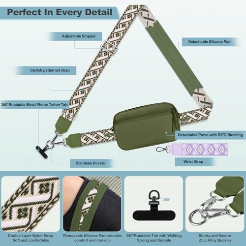 Image of YFWE Clip and Go Strap for Phone with Wallet Crossbody, Adjustable Phone Lanyard with Detachable RFID Wristlet Wallet, Pattern Strap - Olive Green(L)