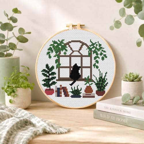 Image of Plant Black Cat Stamped Cross Stitch Kits for Adults Beginners with Frame