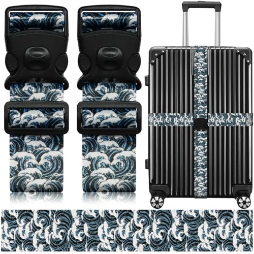 Image of Luggage Straps for Suitcases, Travel Adjustable Belt with Quick Release Buckle, Heavy Duty Nylon Bag Packing Strap, Unique Bright Identifiers Business Travel Accessories (2 Pack) - Blue Wave