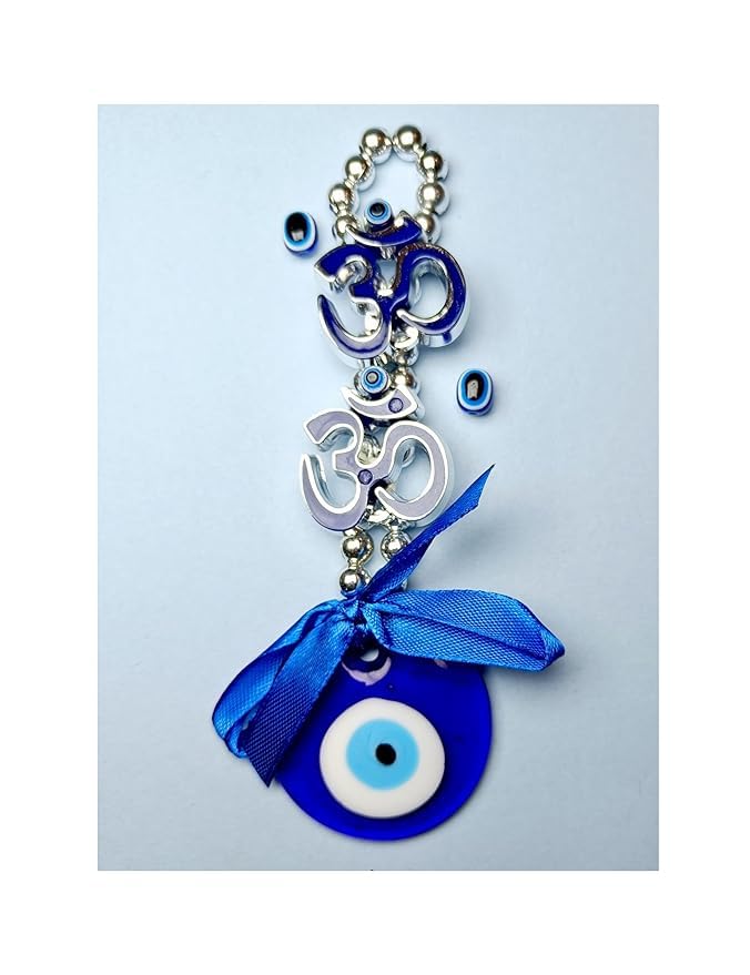Image of Blue Evil Eye Hanging with Om Symbol for Car Rear View Mirror, Home Decor Nazar Protection Charm Spiritual Gift Item