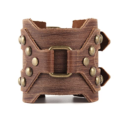 HZMAN Adjustable Leather Bracelet for Men - Punk Style Wrist Support for Motorcycle Riding & Archery, Vintage Metal Cuff for Costume Parties2