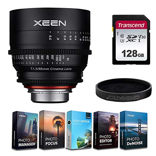 XEEN XN85-MFT 85mmT1.5 Professional Cine Lens for Micro 4/3 Mount + 5-Pack Photo/Video Editing Software & 128GB Transcend High Speed Memory Card