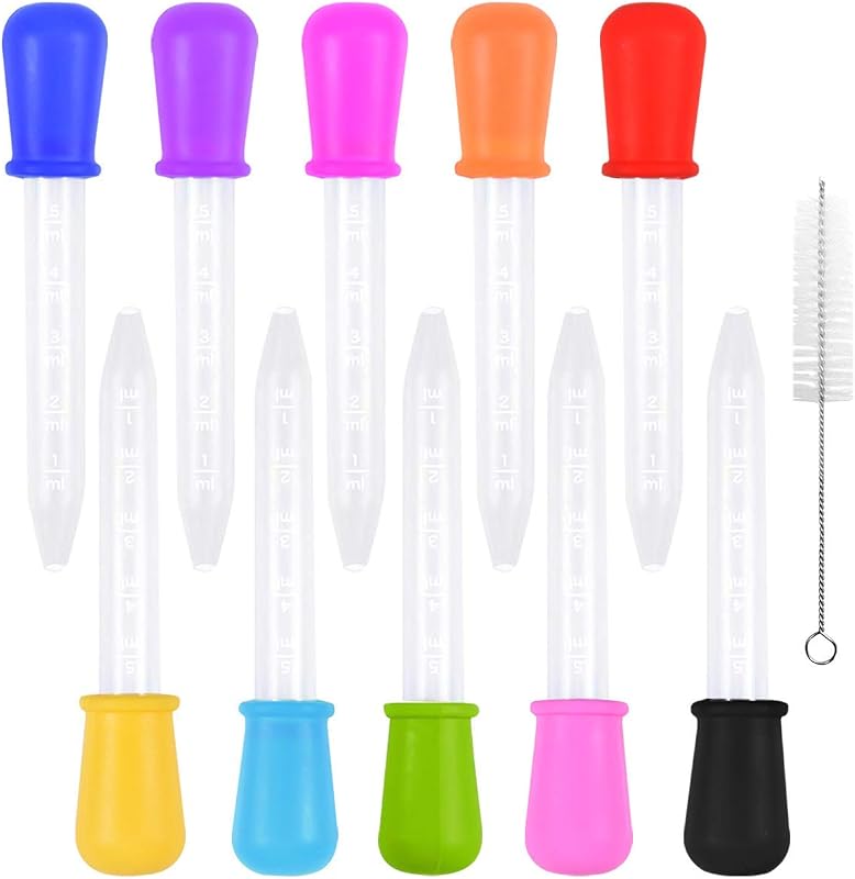 10 pipetas cuentagotas líquidas con 1 cepillo de limpieza, pipeta de transferencia de cuentagotas de silicona y plástico de 5 ml con escala para niños, medicina, ciencia, dulces, gomitas, manualidades (multicolor)