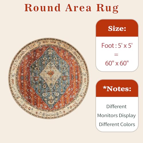 SERISSA Boho Round Area Rug, 5ft Washable Non-Slip Circle Rug, Ultra Soft Oriental Vintage Tribal Low-Pile Circular Carpet for Bedroom Entryway Kids Room Office College Dorm Living Room