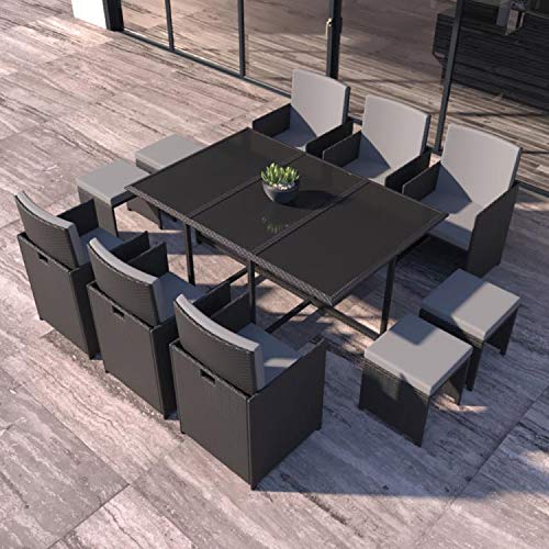 CONCEPT USINE - Salon De Jardin Florida 10 Personnes en Résine Tressée Marron - 1 Table en Verre - 6 Fauteuils - 4 Poufs - Coussins Blanc - Encastrable,...