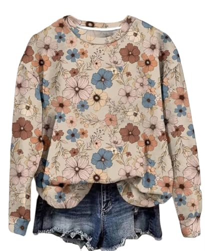 AIMITAG Fall Wildflower Sweatshirt Women Casual Long Sleeve Printed Flowers Shirts Boho Cottagecore Floral Autumn Pullover(Small,Multicolour2)