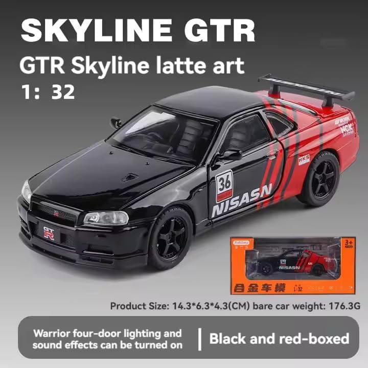 Image of 1:32 Scale Nissan Skyline GTR Alloy Diecast Pullback Metal Car Toy with Sound Light & Opening Doors - Best Gift Toy for Kids | Color As Per Stock