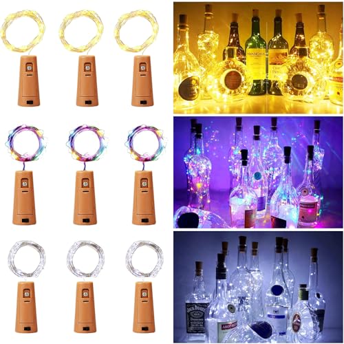 Bottle Cork Lights 3 Colours, 2m 20 LED Wine Bottle Lights with Cork, Fairy Light Battery Operated for Birthday, Wedding, Christmas DIY Indoor/Outdoor Table Decoration (9 Pack)