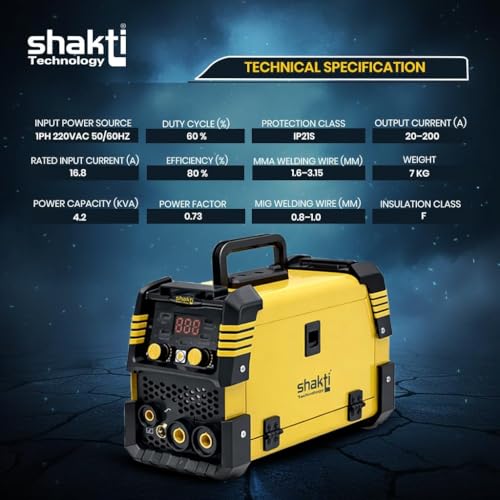 Image of Shakti Technology 200A MAG /MMA 3-in-1 Welding Machine, Gasless Flux Core Inverter Welder with IGBT Technology, Digital Display, & Complete Accessory Kit - 7kg Portable Design