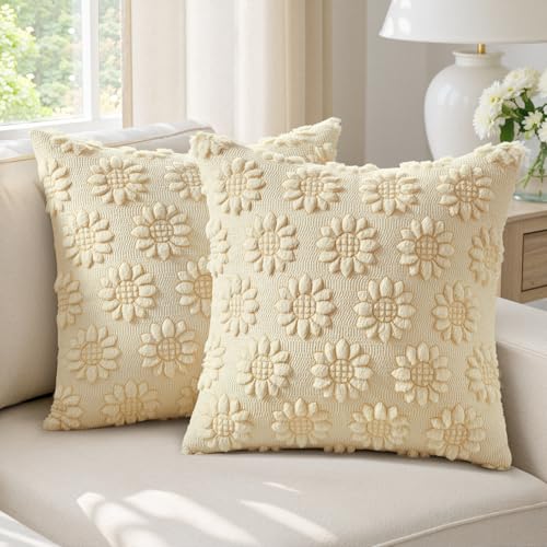 EMEMA Beige Floral Tufted Throw Pillow Covers, Set of 2 Soft Textured Decorative 18x18 Cushion Cases Bringing a Light, Cozy Layer to Sofa, Couch, Bedroom or Modern Farmhouse Living Room Décor