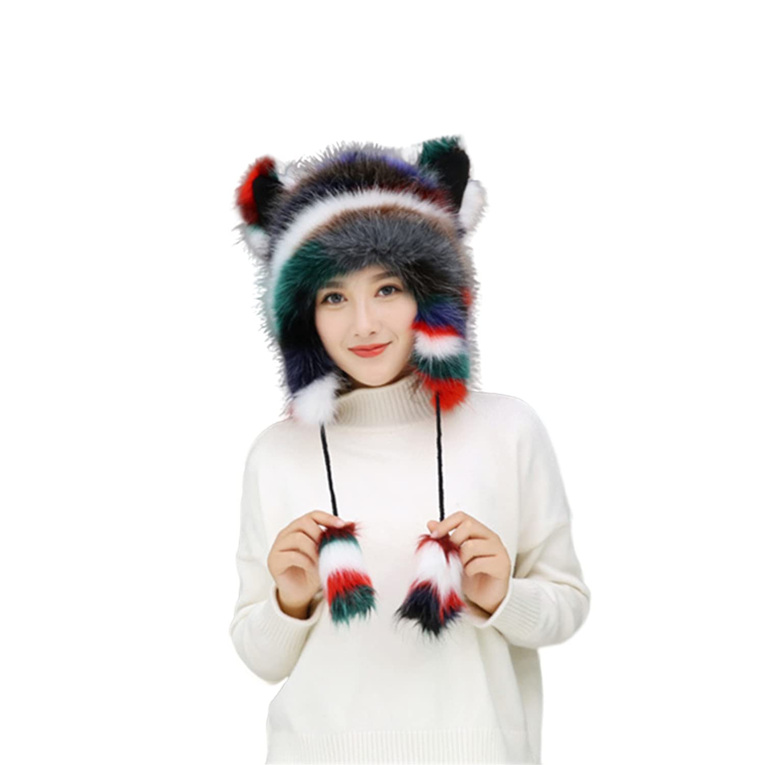 Winter Thermal Plush Fluffy Earflap Ushanka Hat Faux Fur Windproof Hooded Beanie Animal Themed Costume Hat for Men Women