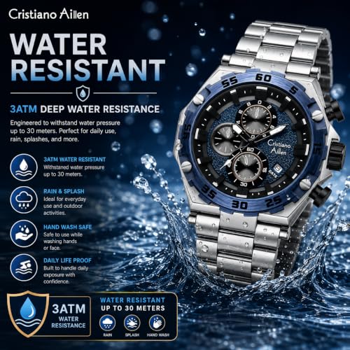 Cristiano Aillen Men's Analog Chronograph Watch, Black SILVER BLUE - Image 7