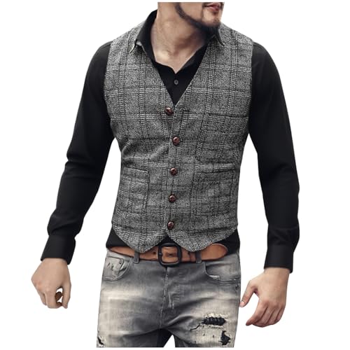 Men's Business Casual Suit Vest Waistcoat Plaid Vintage Groosmen Blazer Vest Lightweight Button Down Lapel Waistcoat