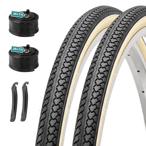 MOHEGIA 26x1 3/8 Inch Bike Tires (37-590 mm) - 2-Pack Folding Replacement Tires with Inner Tubes Schrader Valve & Tire Levers for Vintage Urban Bicycles (Classic Retro Skin)