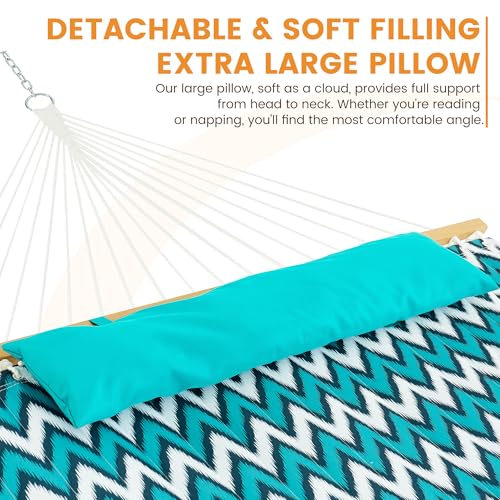 Image of Lazy Daze Hammocks 12 FT Quilted Fabric Double Hammock with Spreader Bars and Detachable Pillow, 2 Person Hammock for Outdoor Patio Backyard Poolside, 450 LBS Weight Capacity, White & Blue Chevron