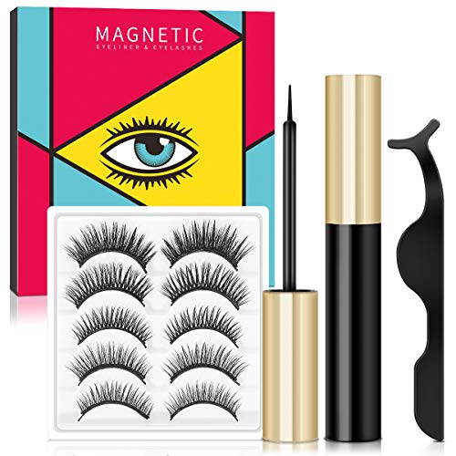 Magnetic Lashes and Magnetic Eyeliner Kit, Upgraded Magnetic Eyelashes with Eyeliner, Magnetic False Eyelashes with Tweezers Natural look Waterproof 5 Pairs