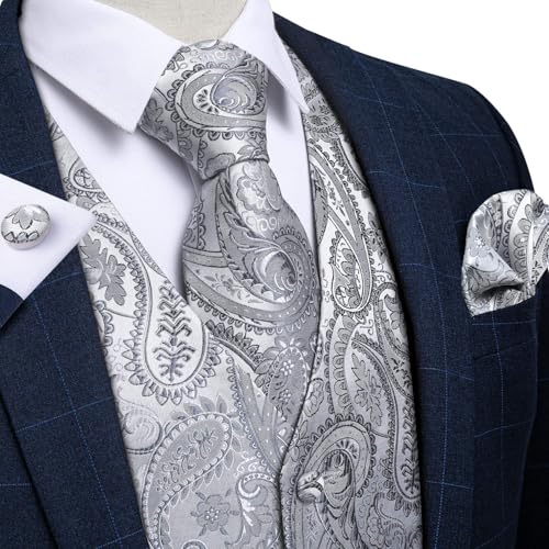 Image of DiBanGu Mens Vest and Tie Set Formal Paisley Waistcoat and Necktie Pocket Square Cufflinks Silk Suit Vest for Tuxedo Wedding