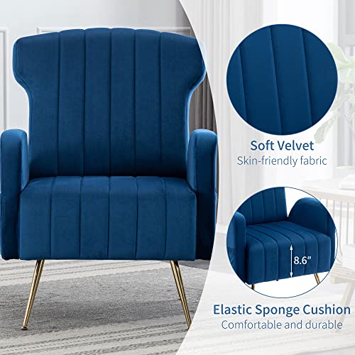 Homefun Wingback Accent Chair Set Of 2,Velvet Upholstered Armchair Single Modern Sofa With Metal Legs For Living Room Bedroom Office Navy #TOP3