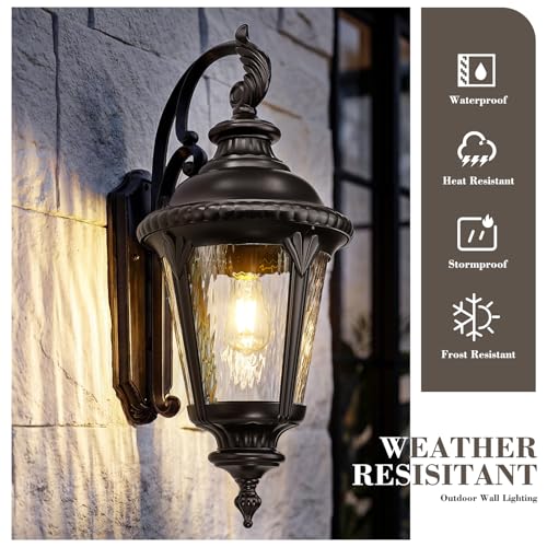 Image of Emliviar 28.4 inch Farmhouse Exterior Waterproof Wall Lantern, Oil Rubbed Bronze Outside Porch Sconce Lighting with Water Ripple Glass Shade for Garage and Patio, XE265B ORB-SW