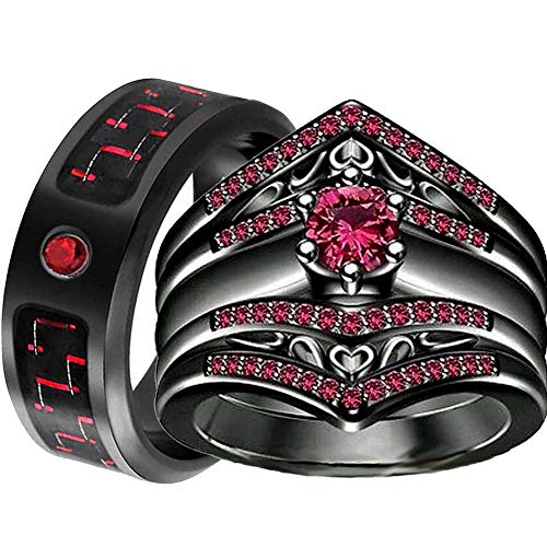 ringheart 2 Rings His and Hers Couple Rings Black Gold Plated Red Cz Womens Wedding Ring Sets Titanium Steel Mens Wedding Bands