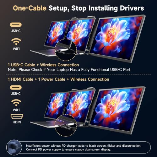 Image of One Cable No Driver Laptop Screen Extender,14 inch FHD 1080P IPS Portable Monitor,1-Min Setup USB-C Plug and Play, Ultra-Slim Triple Screen for 12-15.6 inch Laptops Windows /MacOS /Android