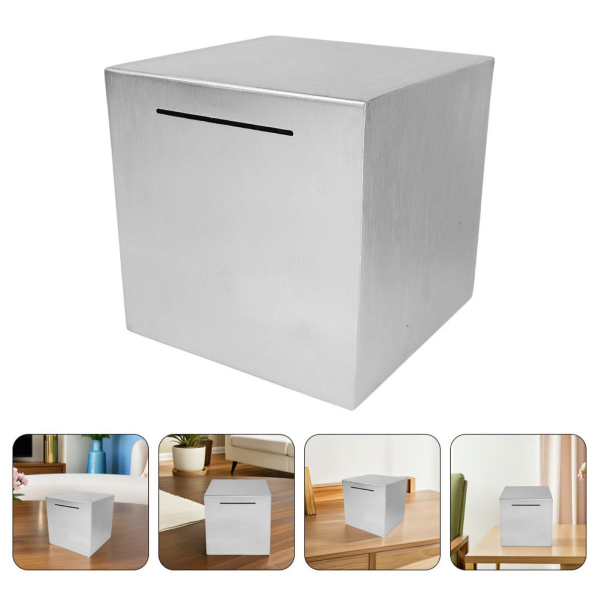 VICASKY Tirelire Coffre-Fort en Acier Inoxydable 20x20x20 cm, boîte à économies Non ouvrable pour Bureau et Dons, Rangement Monnaie métal argenté pour Adultes