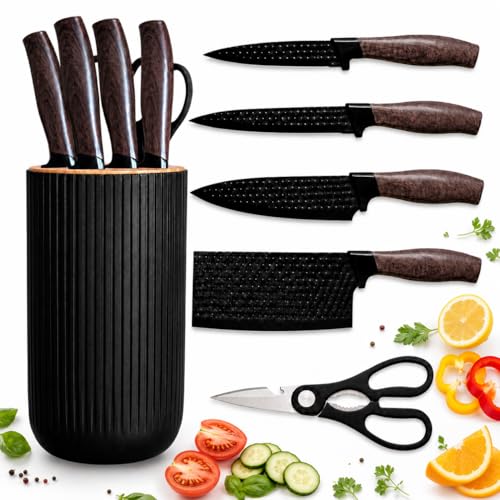 WN Webnation 6-Piece Kitchen Knife Set Stainless Steel Cutlery Set with Chef Knife Bread Knife Japanese Knife Steak Knife Scissors & Holder Kitchen Accessories Gift Box