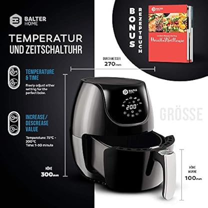 Balter Heißluftfritteuse XL-Touch, Fritteuse, LCD Display, 7 Programme, Rezeptheft, 3.6L - XL Garraum, 1500W, schwarz – Bild 8