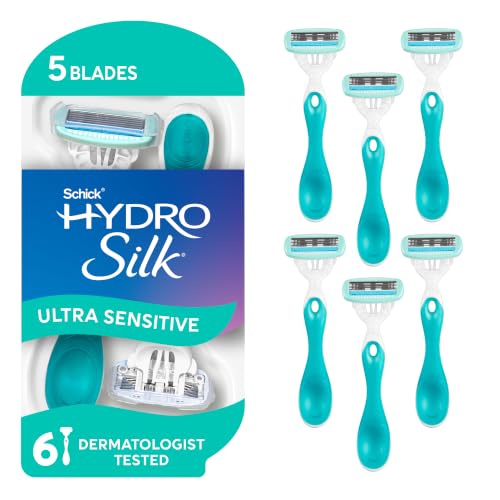 Schick Hydro Silk Sensitive Women's Disposable Razors, 6ct | 5-Blade Disposable Razors for Women Sensitive Skin | Travel Razor for Women