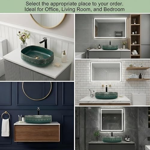 Image of BASSINO 21x14x6 Inches Designer Moroccan Ceramic Table Top Wash Basin /Green Matte & Gold Floral Art Sink for Bathroom /Handcrafted Rectangular Countertop Washbasin for Office /Hotel(Matt)