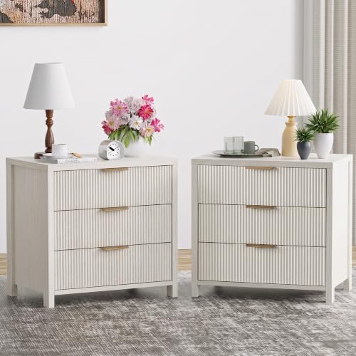 Image of Fluted Nightstands Set of 2, 23.7'' Wide Night Stand with 3 Drawers, Mid-Century Modern Bedside Table with Handles, Wood End Table for Bedroom, White