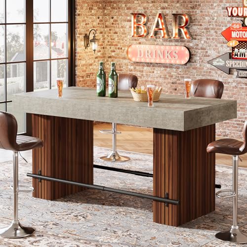 Image of Tribesigns 62.2 Inch Bar Table, Industrial Bar Height Counter Table, Rectangular Home Bar Units with Metal Footrest for Home Kitchen, Dining Room, Bistro, Gray Cement and Red Brown