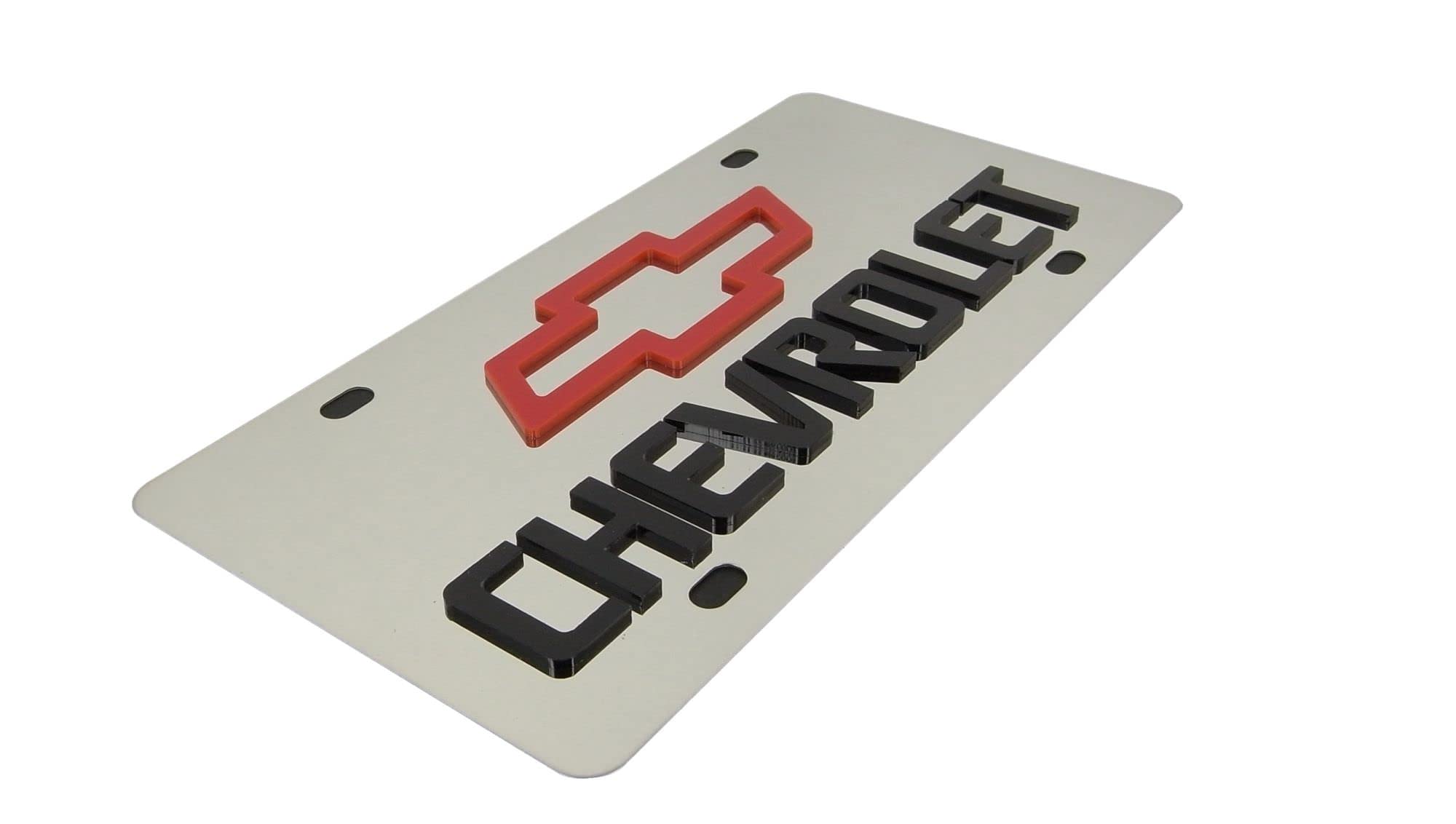Eurosport Daytona, Inc. Chevy Laser-Cut Red Bowtie Logo & Name On Polished License Plate for Chevy Chevrolet Bowtie